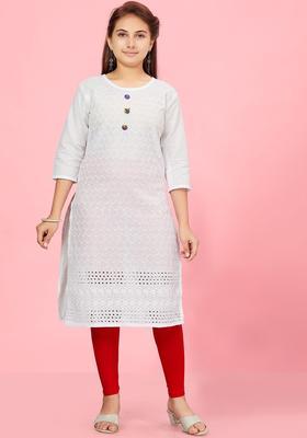 White Embroidered Cotton Kurta Set For Girls