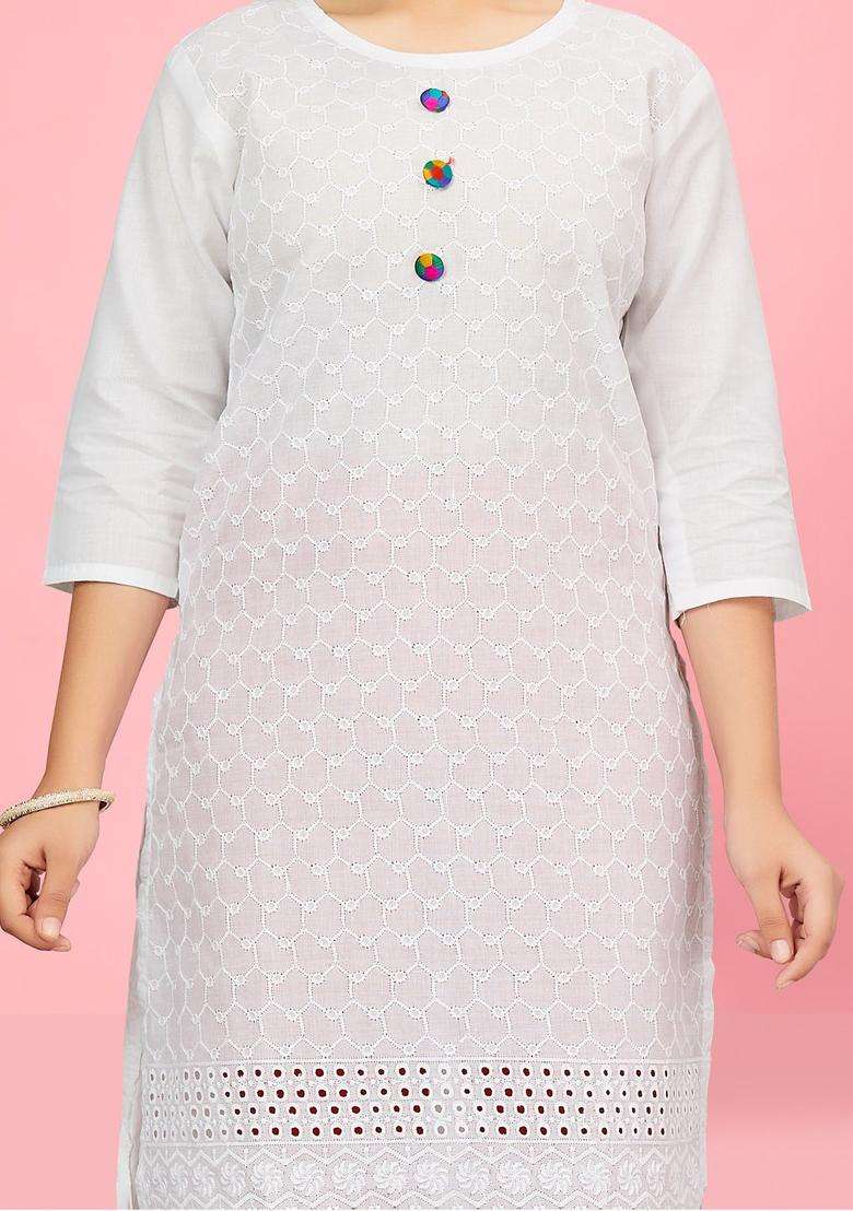 White Embroidered Cotton Kurta Set For Girls - Indya