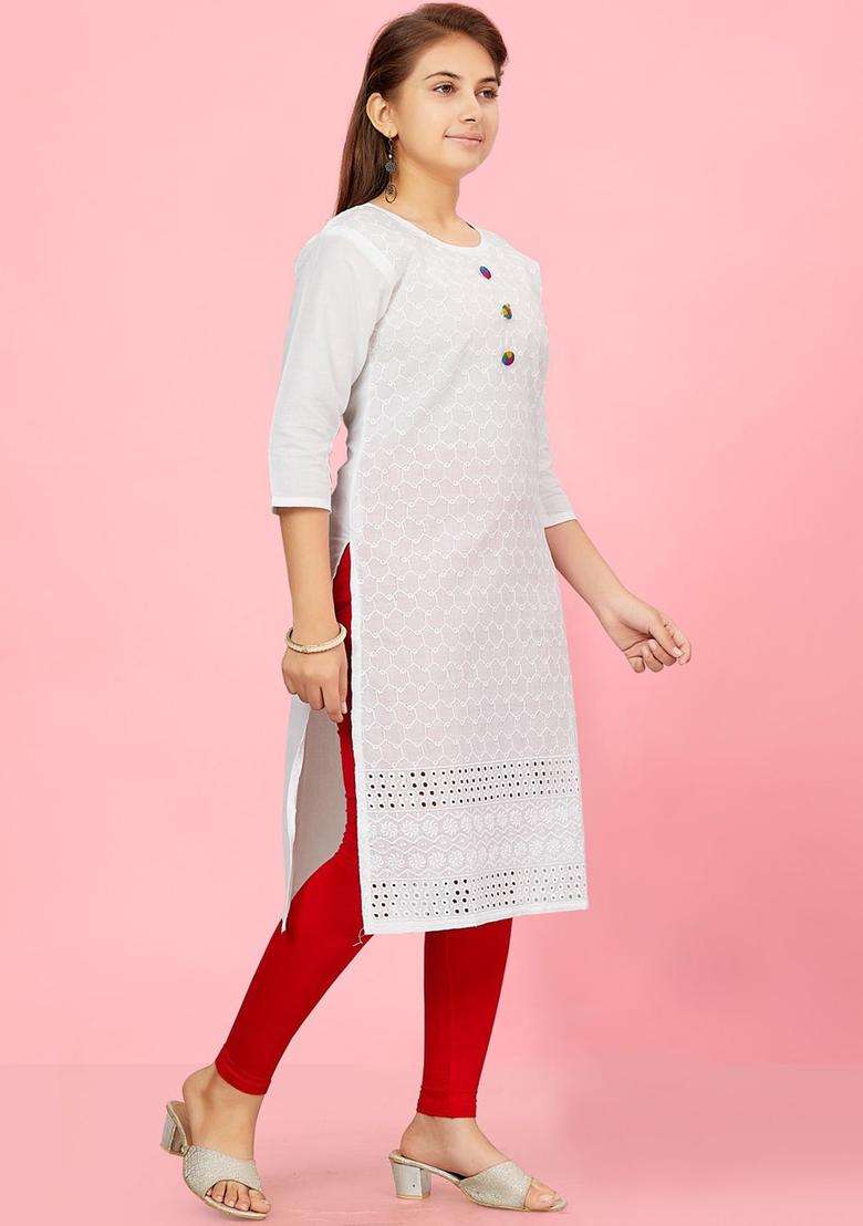 White Embroidered Cotton Kurta Set For Girls - Indya