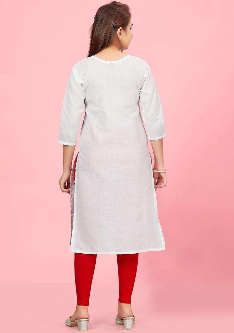 White Embroidered Cotton Kurta Set For Girls - Indya