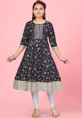 Navy Blue Printed Cotton Kurta Set For Girls