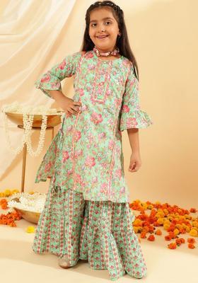 Turquoise Blue Printed Cotton Kurta Set For Girls