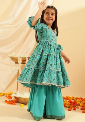 Turquoise Blue Printed Cotton Kurta Set For Girls