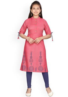 Red Printed Cotton Kurta Set For Girls