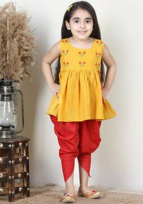 Yellow Embroidered Cotton Kurta Set For Girls