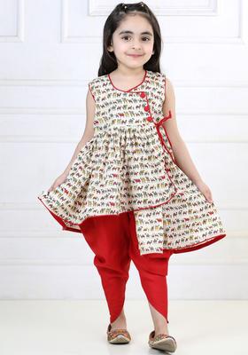 Red Printed Cotton Kurta Set For Girls
