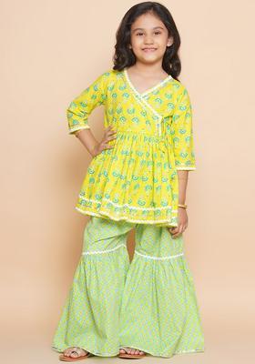 Green Printed Cotton Kurta Set For Girls
