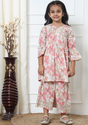 Pink Printed Silk Kurta Set For Girls