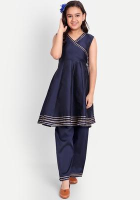 Navy Blue Solid Silk Kurta Set For Girls