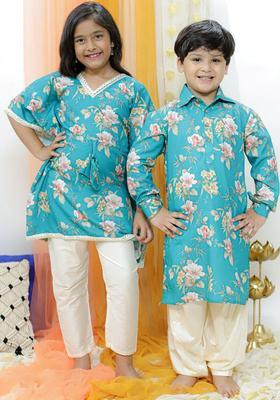 Turquoise Blue Printed Cotton Kurta Set For Girls
