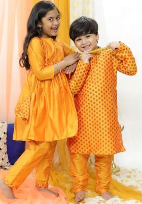 Orange Printed Viscose Kurta Set For Girls