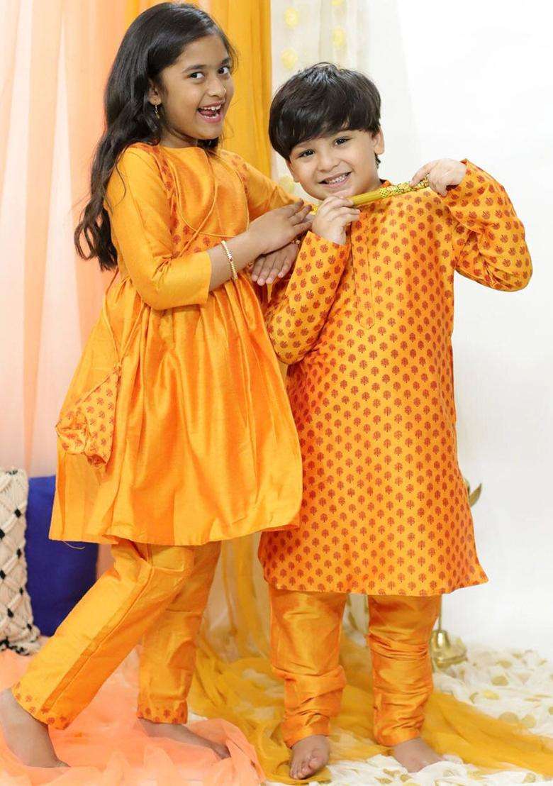 Orange Printed Viscose Kurta Set For Girls - Indya