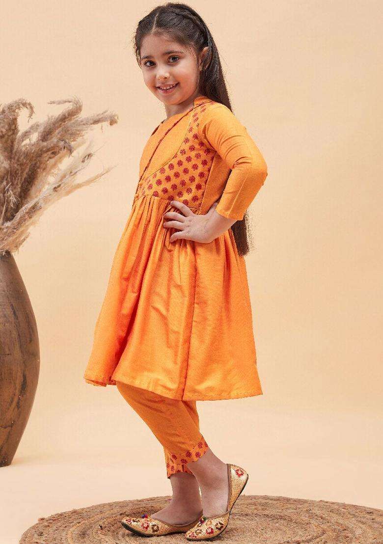Orange Printed Viscose Kurta Set For Girls - Indya