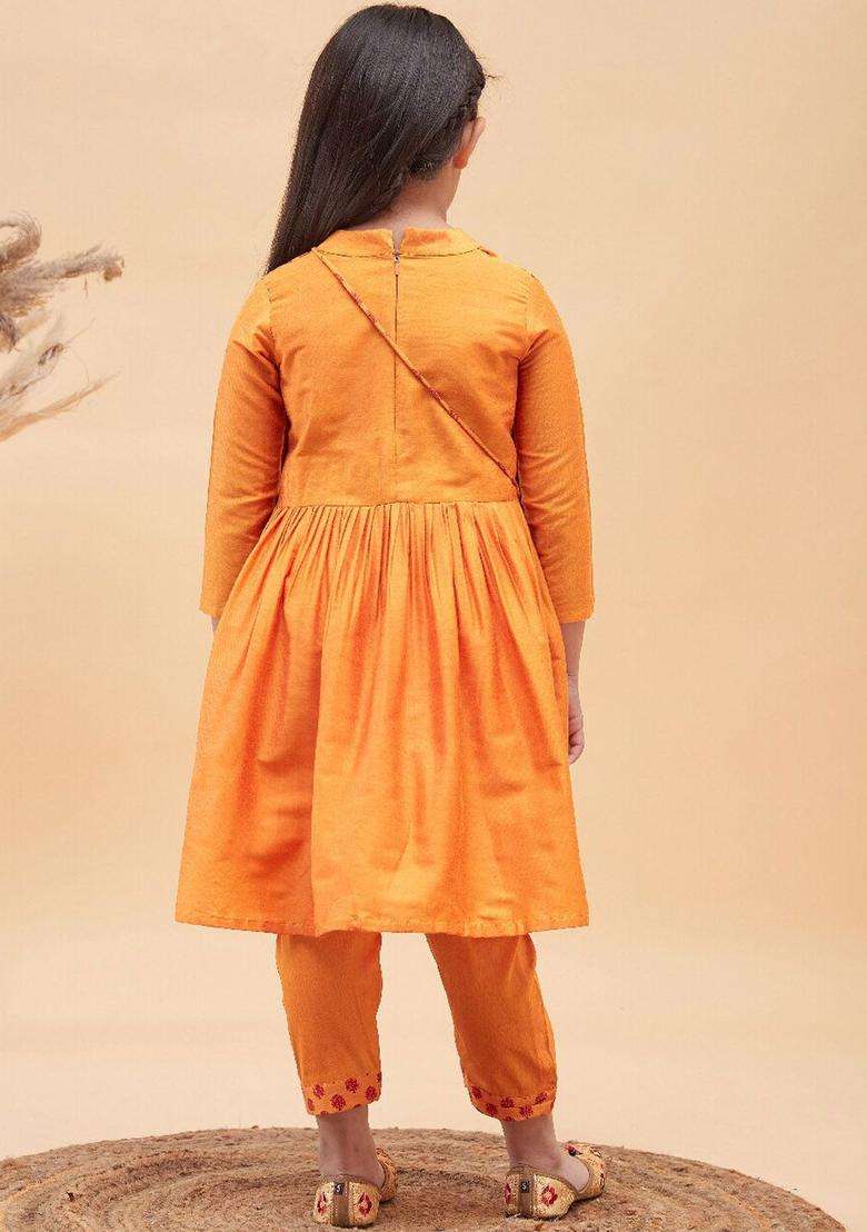 Orange Printed Viscose Kurta Set For Girls - Indya