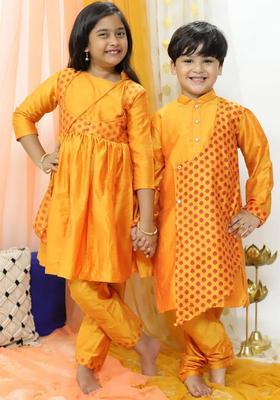 Orange Printed Viscose Kurta Set For Girls