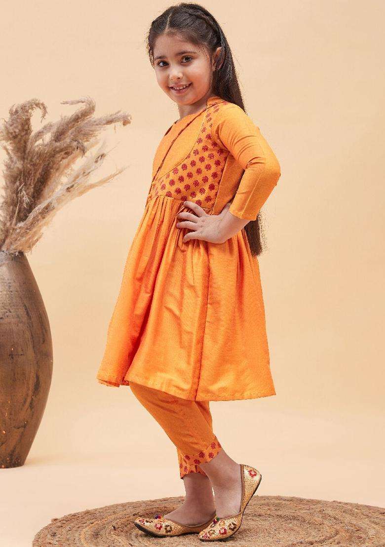 Orange Printed Viscose Kurta Set For Girls - Indya