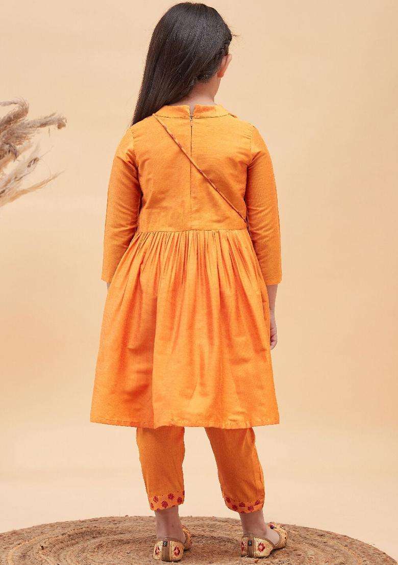 Orange Printed Viscose Kurta Set For Girls - Indya