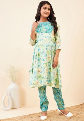 Turquoise Blue Printed Polyester Kurta Set For Girls
