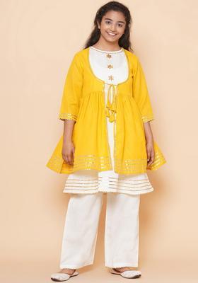 Yellow Solid Cotton Kurta Set For Girls