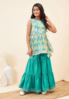 Turquoise Blue Printed Polyester Kurta Set For Girls