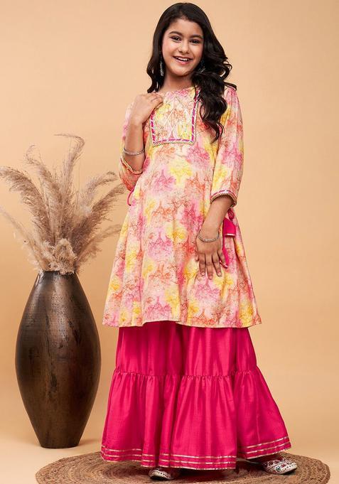 Pink Printed Polyester Kurta Set For Girls — view on Indya