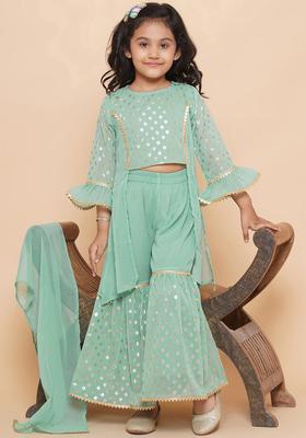Green Printed Georgette Kurta Set For Girls