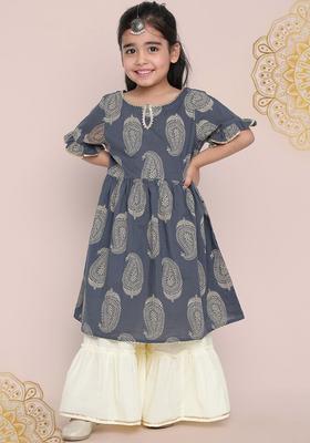 Navy Blue Printed Cotton Kurta Set For Girls