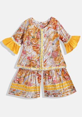 Mustard Printed Cotton Kurta Set For Girls