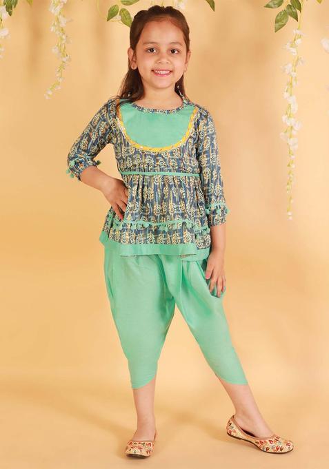 Green Printed Cotton Kurta Set For Girls — view on Indya