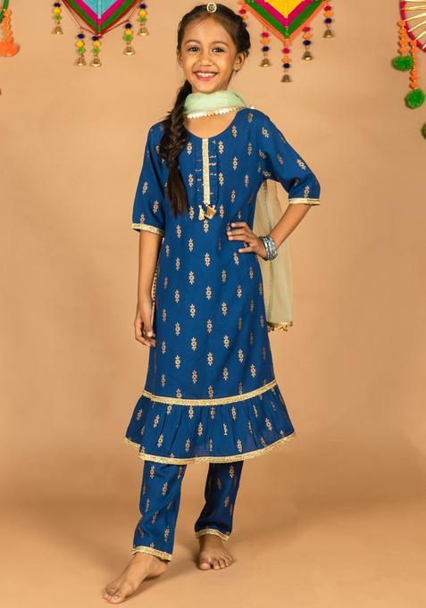 Blue Printed Viscose Kurta Set For Girls — view on Indya