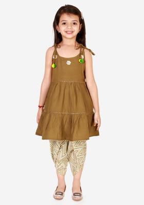 Brown Solid Cotton Kurta Set For Girls