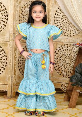 Turquoise Blue Printed Cotton Kurta Set For Girls