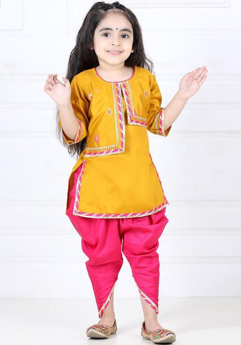 Yellow Embroidered Cotton Kurta Set For Girls — view on Indya