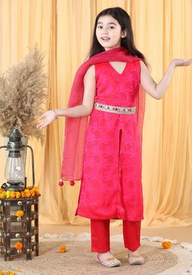 Pink Self Design Silk Kurta Set For Girls