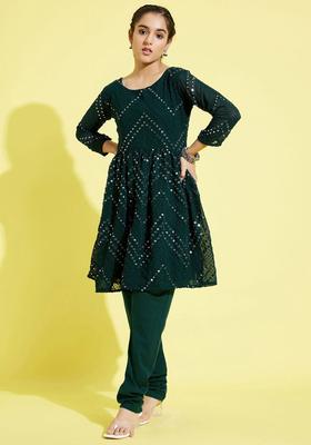 Green Embroidered Georgette Kurta Set For Girls