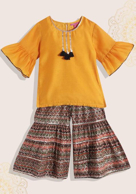 Yellow Solid Polyester Kurta Set For Girls — view on Indya