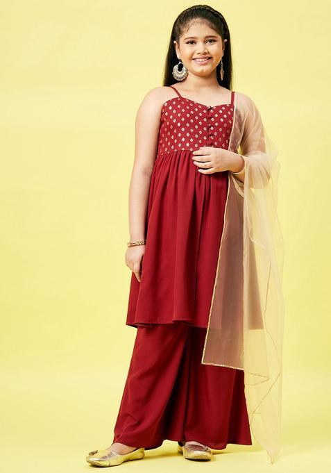 Maroon Printed Polyester Kurta Set For Girls — view on Indya