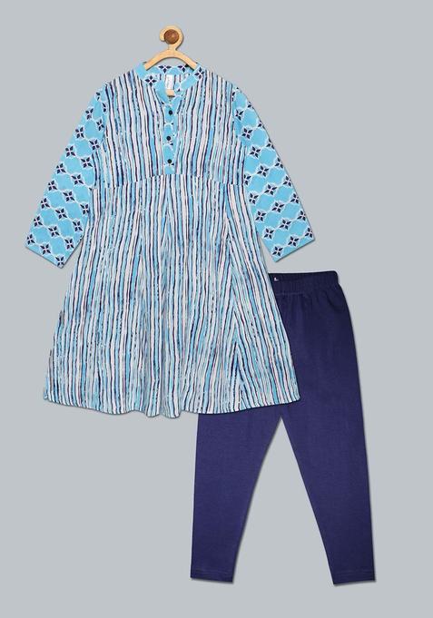 Blue Striped Viscose Kurta Set For Girls — view on Indya