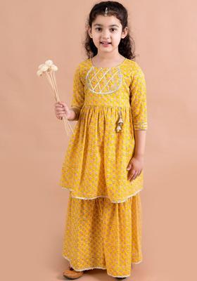Mustard Printed Cotton Kurta Set For Girls