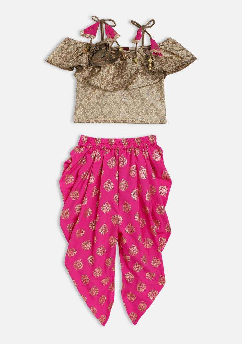 Gold Embroidered Polyester Kurta Set For Girls - Indya