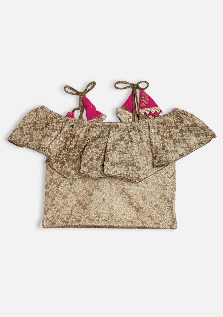 Gold Embroidered Polyester Kurta Set For Girls - Indya