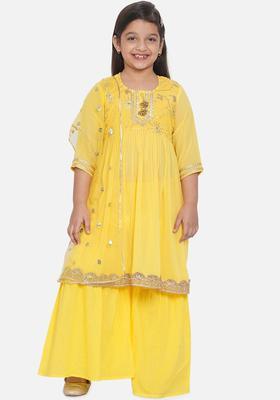 Yellow Embroidered Georgette Kurta Set For Girls