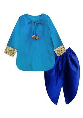 Turquoise Blue Solid Polyester Kurta Set For Girls