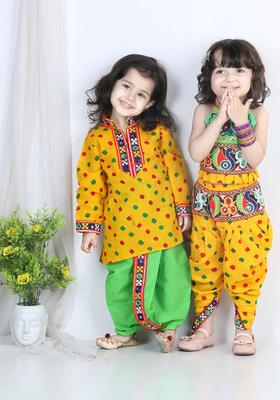 Yellow Embroidered Cotton Kurta Set For Girls