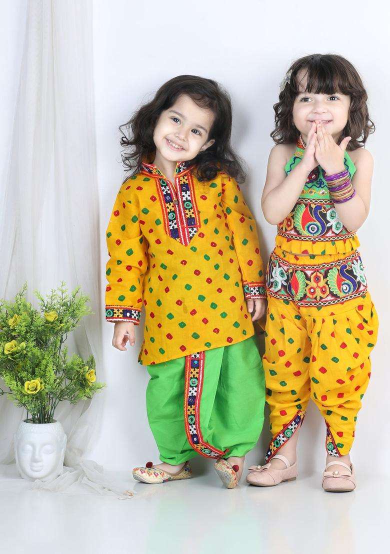 Yellow Embroidered Cotton Kurta Set For Girls - Indya