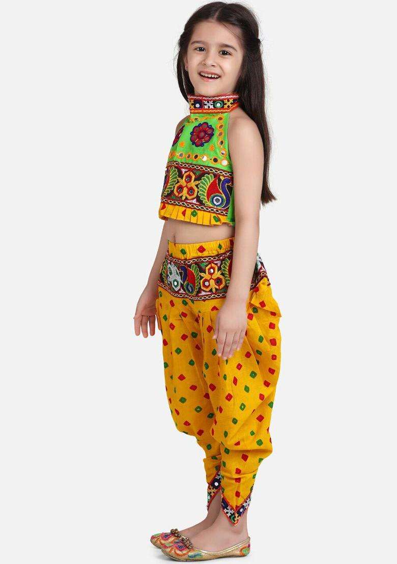 Yellow Embroidered Cotton Kurta Set For Girls - Indya
