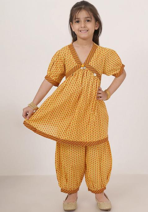 Yellow Printed Cotton Kurta Set For Girls — view on Indya