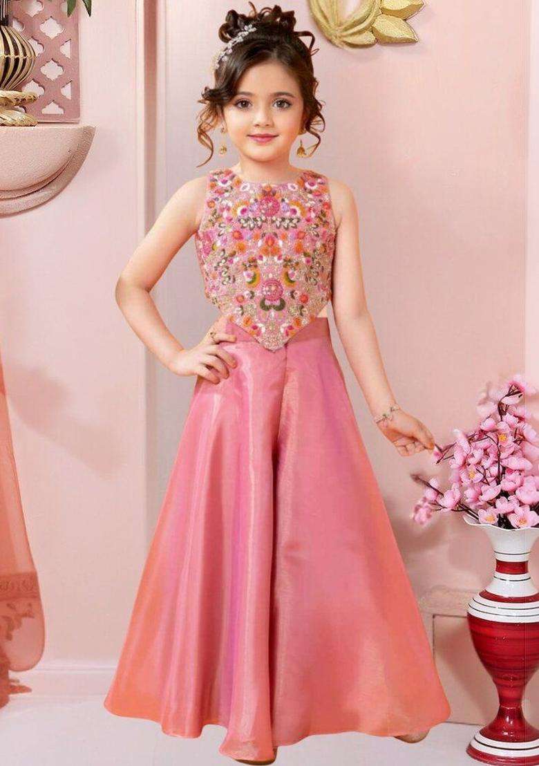 Pink Embroidered Supernet Kurta Set For Girls - Indya