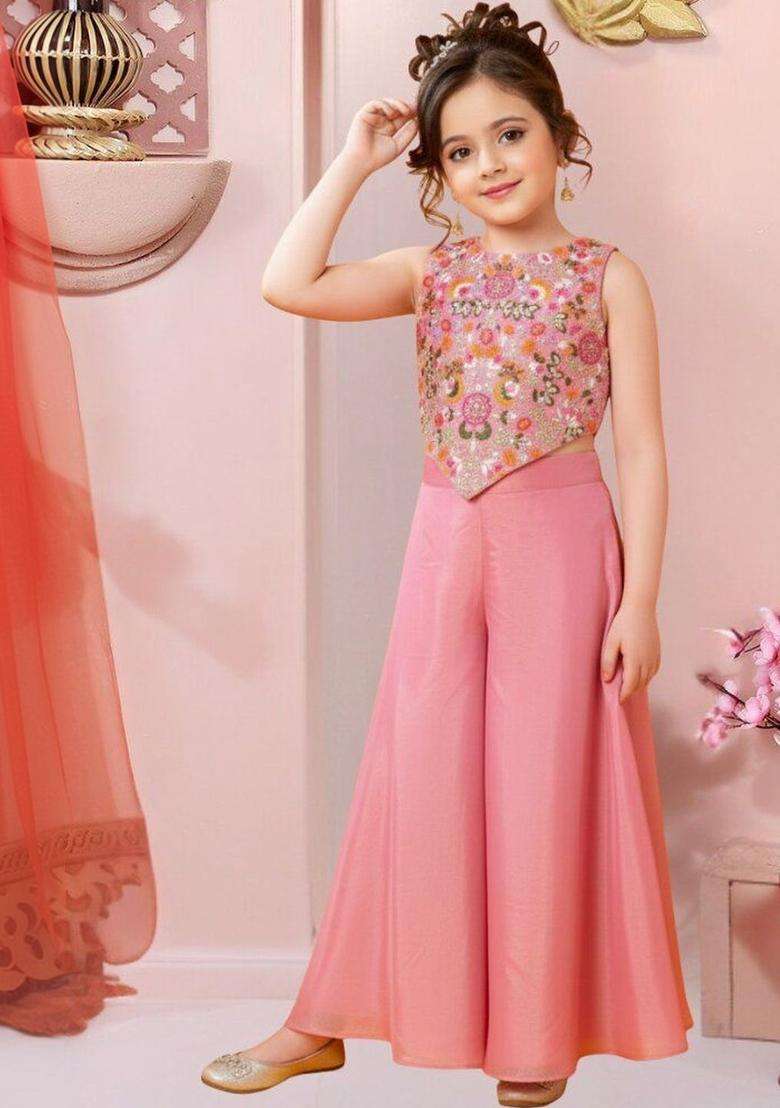 Pink Embroidered Supernet Kurta Set For Girls - Indya