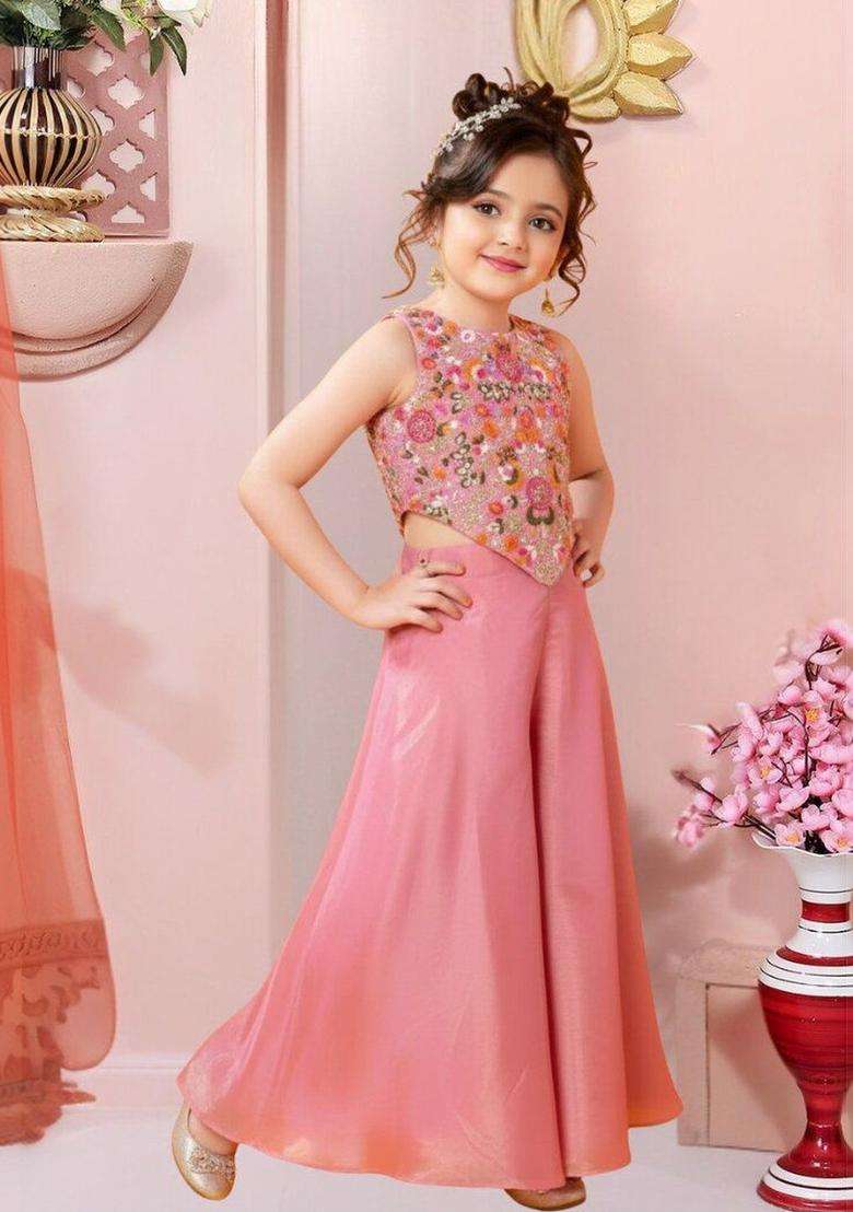 Pink Embroidered Supernet Kurta Set For Girls - Indya